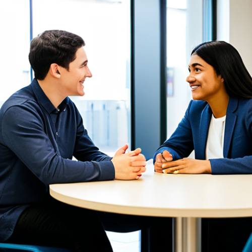 Home 7 A compassionate female professional counselor in a modest, tasteful business dress, gently speaking with a young adult (gender-neutral appearance) who is fully clothed in appropriate, casual attire. They are seated comfortably at a round table in a brightly lit, clean, and organized common area of a modern support center, featuring soft, inviting colors and comfortable seating. The atmosphere is calm and reassuring, emphasizing empathy and safety. The focus is on the supportive interaction, with natural pose, perfect anatomy, correct proportions, well-formed hands, and proper finger count. This image is safe for work, appropriate content, and family-friendly, portraying a professional and modest scenario.