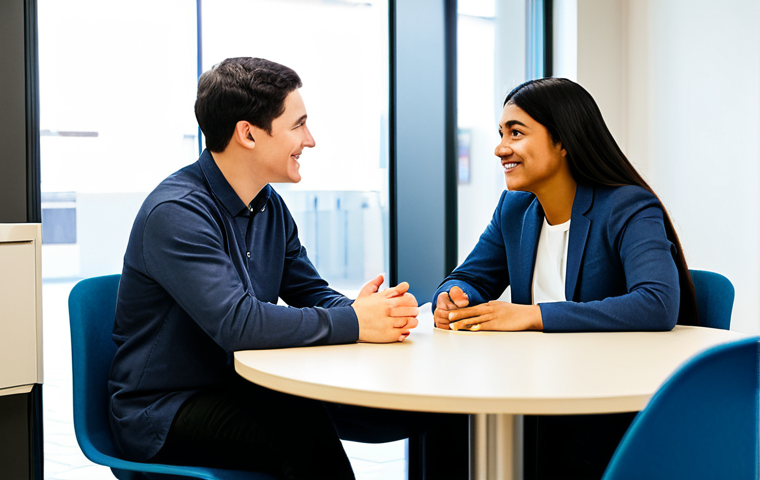 A compassionate female professional counselor in a modest, tasteful business dress, gently speaking with a young adult (gender-neutral appearance) who is fully clothed in appropriate, casual attire. They are seated comfortably at a round table in a brightly lit, clean, and organized common area of a modern support center, featuring soft, inviting colors and comfortable seating. The atmosphere is calm and reassuring, emphasizing empathy and safety. The focus is on the supportive interaction, with natural pose, perfect anatomy, correct proportions, well-formed hands, and proper finger count. This image is safe for work, appropriate content, and family-friendly, portraying a professional and modest scenario.