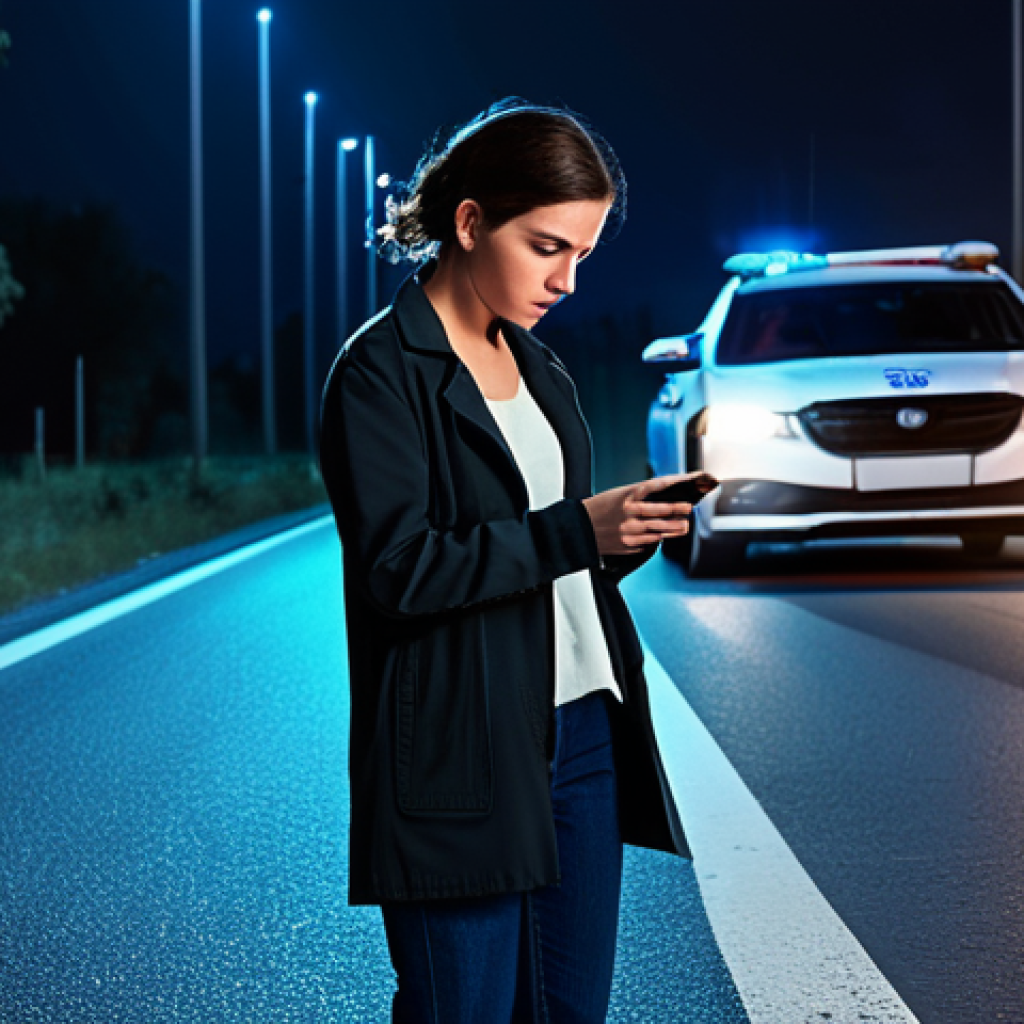 Emergency App Assistance**

A woman in distress, fully clothed in modest casual wear, using a smartphone at night on a deserted road. In the background, a police car approaches with flashing lights. safe for work, appropriate content, perfect anatomy, natural proportions, professional digital art, family-friendly.

**
