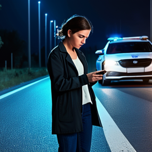 Home 25 Emergency App Assistance**
A woman in distress, fully clothed in modest casual wear, using a smartphone at night on a deserted road. In the background, a police car approaches with flashing lights. safe for work, appropriate content, perfect anatomy, natural proportions, professional digital art, family-friendly.
**