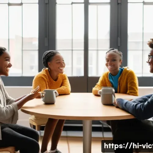 Home 9 범죄 피해자 보복 피해 예방 - **Prompt:** A warm and inviting community center filled with a diverse group of adults and teenagers...