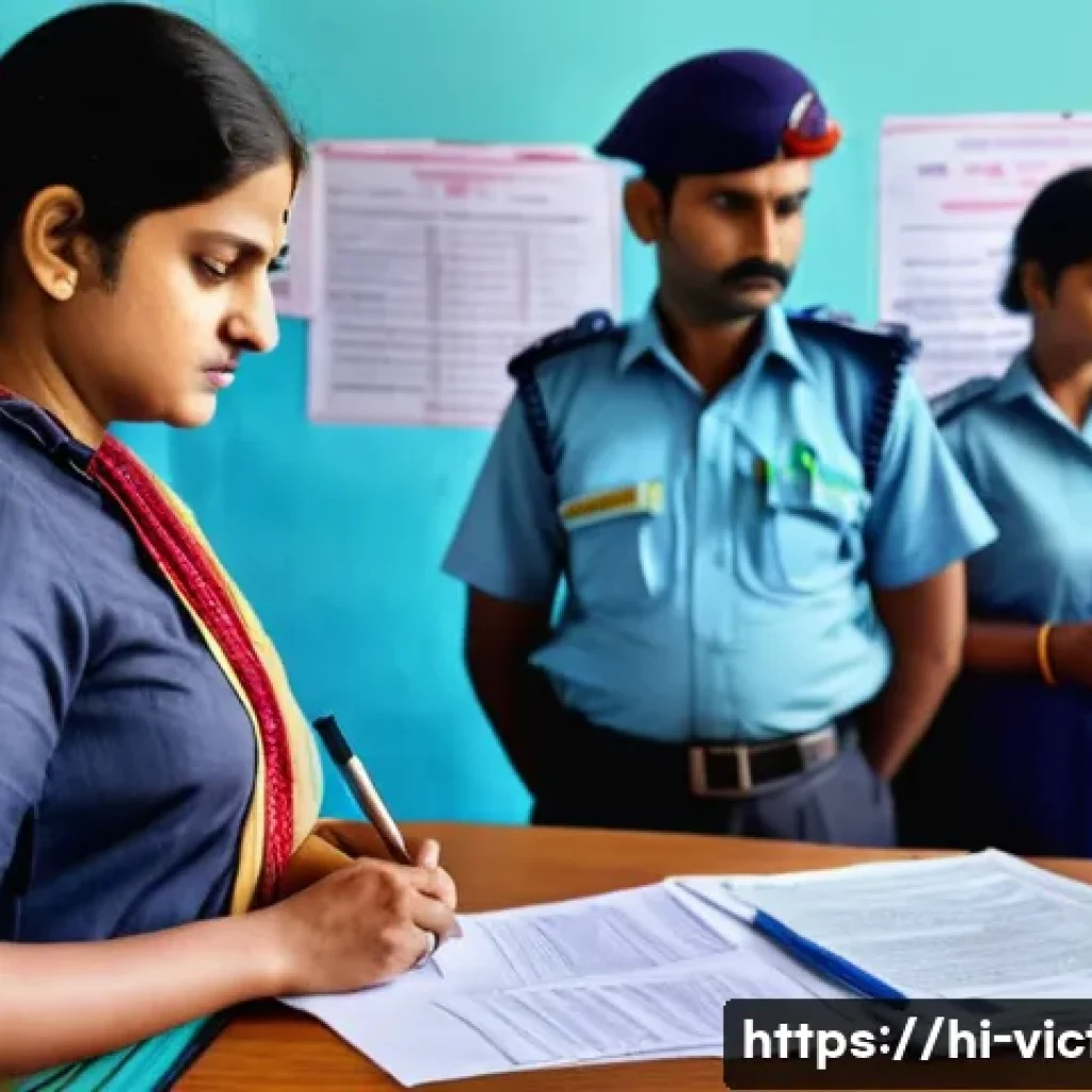 범죄 피해자 구제 절차 - A detailed scene inside a busy Indian police station where a Hindi-speaking victim, a middle-aged wo...