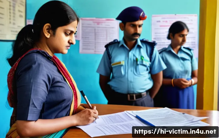 범죄 피해자 구제 절차 - A detailed scene inside a busy Indian police station where a Hindi-speaking victim, a middle-aged wo...