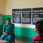 범죄 피해자 보호 프로그램 - A detailed scene showing a community center in an Indian neighborhood where diverse Hindi-speaking a...