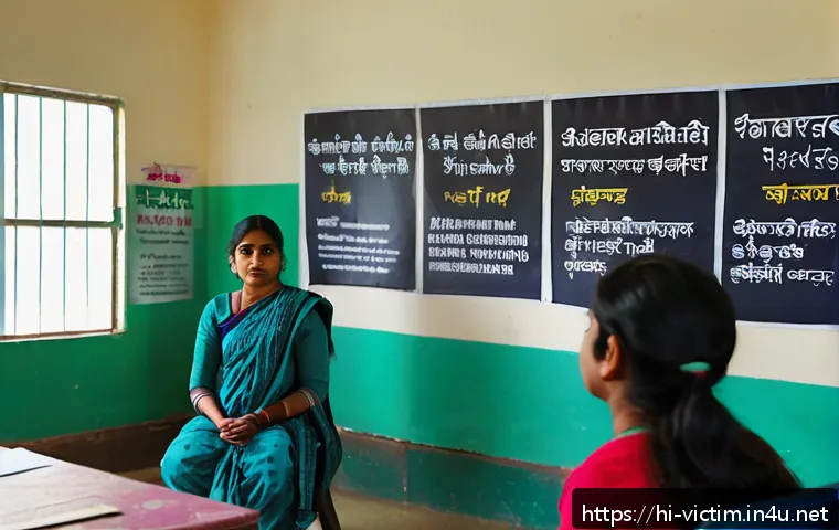 범죄 피해자 보호 프로그램 - A detailed scene showing a community center in an Indian neighborhood where diverse Hindi-speaking a...
