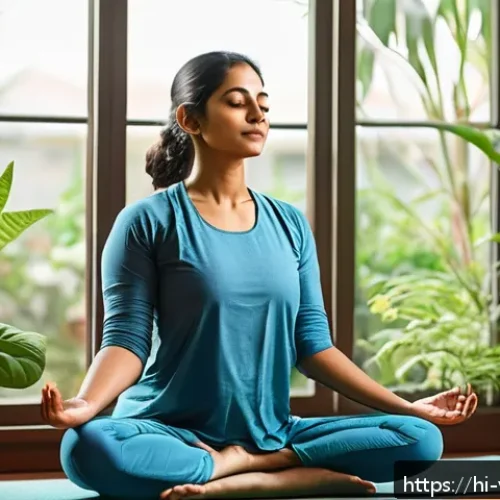범죄 피해자 정신적 충격 - A serene and thoughtful Indian woman in traditional attire practicing yoga and meditation in a peace...