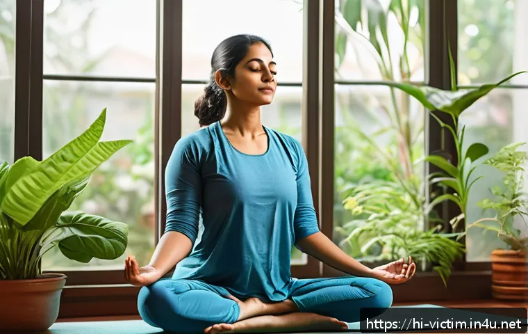 범죄 피해자 정신적 충격 - A serene and thoughtful Indian woman in traditional attire practicing yoga and meditation in a peace...