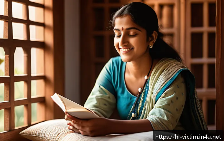 범죄 피해자 회복을 위한 심리 치료 사례 - A serene and hopeful scene of a young Indian woman sitting peacefully in a sunlit room, journaling h...